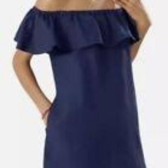 NWT! Tommy Bahama Navy Linen Off Shoulder Ruffle Swimsuit Cover Up Dress NEW! - Picture 2 of 3